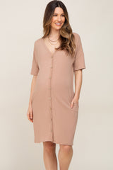 Taupe Button Accent Short Sleeve Maternity Dress
