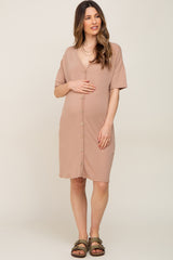 Taupe Button Accent Short Sleeve Maternity Dress