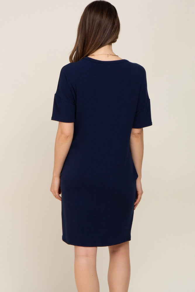 Navy Button Accent Short Sleeve Maternity Dress