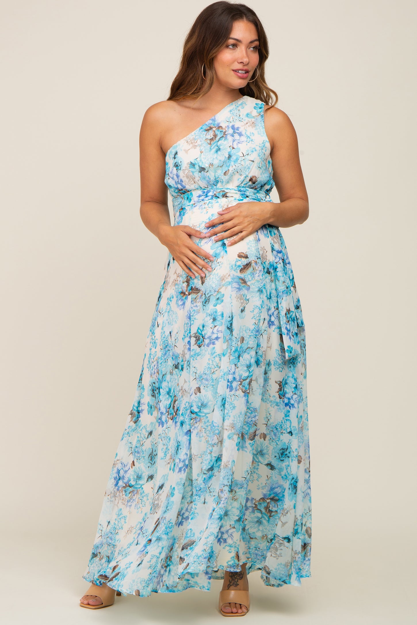 Blue Floral Chiffon One Shoulder Maternity Maxi Dress โ PinkBlush