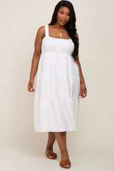 White Textured Striped Tiered Plus Midi Dress
