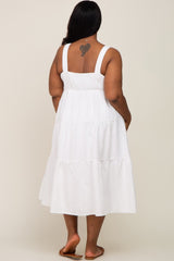 White Textured Striped Tiered Plus Midi Dress