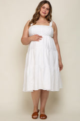 White Textured Striped Tiered Maternity Plus Midi Dress