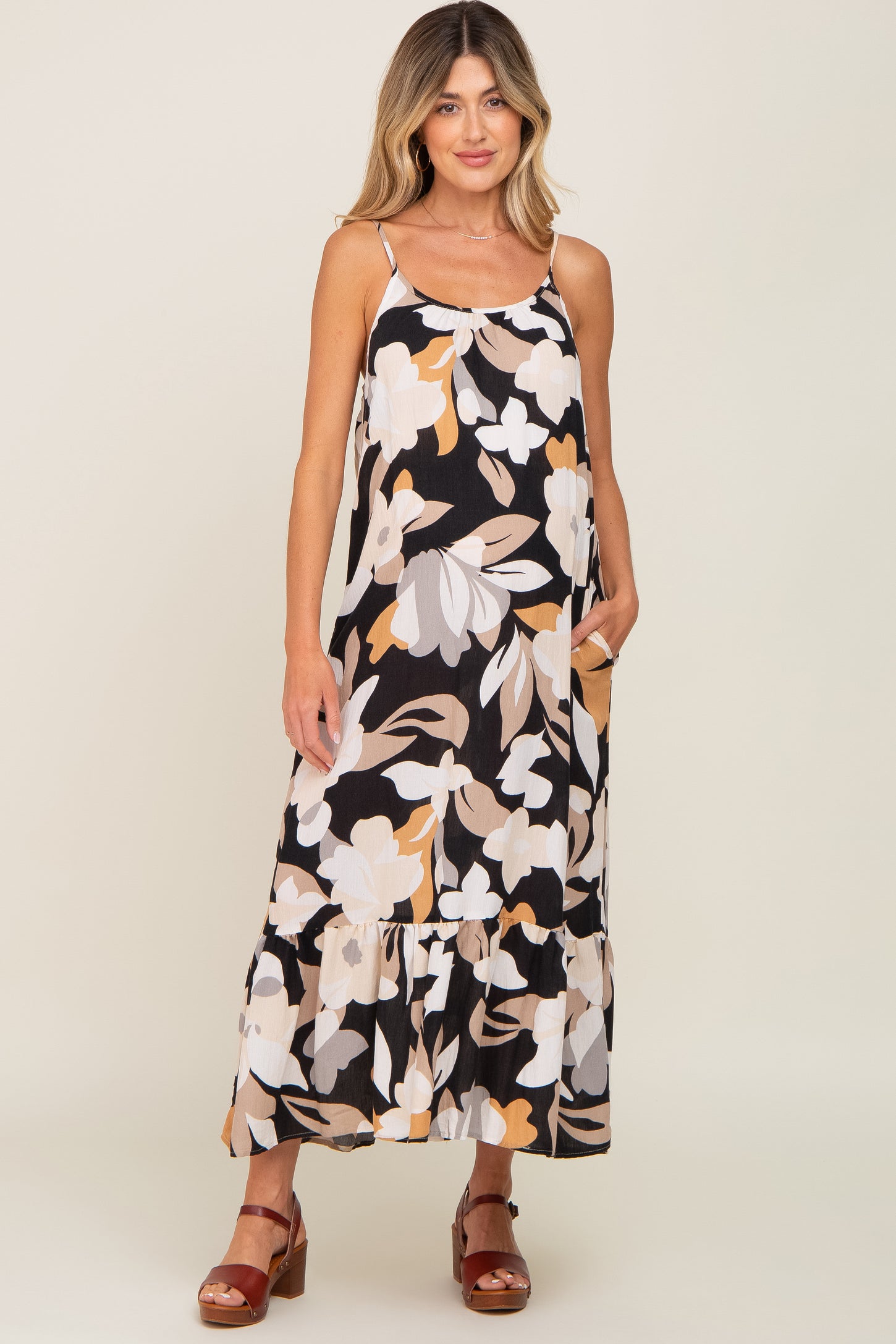 Black Floral Sleeveless Maternity Maxi Dress