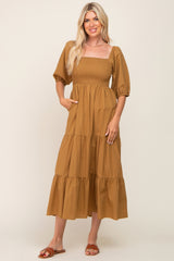 Camel Square Neck Smocked Tiered Maxi Dress