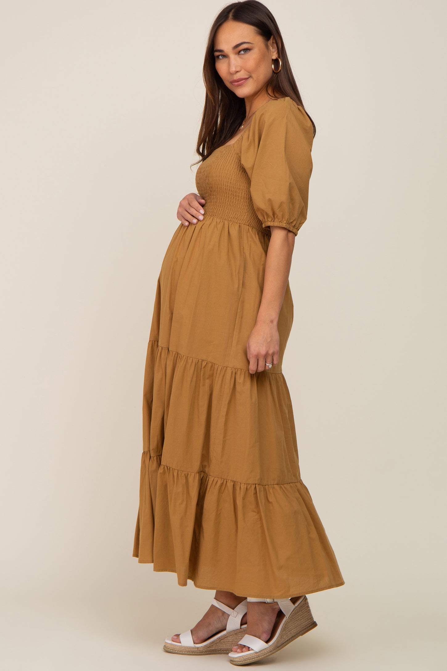 Camel Square Neck Smocked Tiered Maternity Maxi Dress