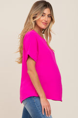 Fuchsia Rolled Cuff Short Sleeve Maternity Blouse