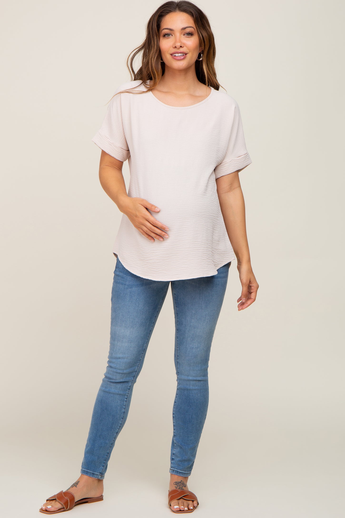 Beige Rolled Cuff Short Sleeve Maternity Blouse