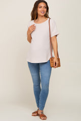 Beige Rolled Cuff Short Sleeve Maternity Blouse