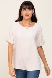 Beige Rolled Cuff Short Sleeve Blouse