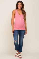 Pink Ribbed Button Front Maternity Tank Top