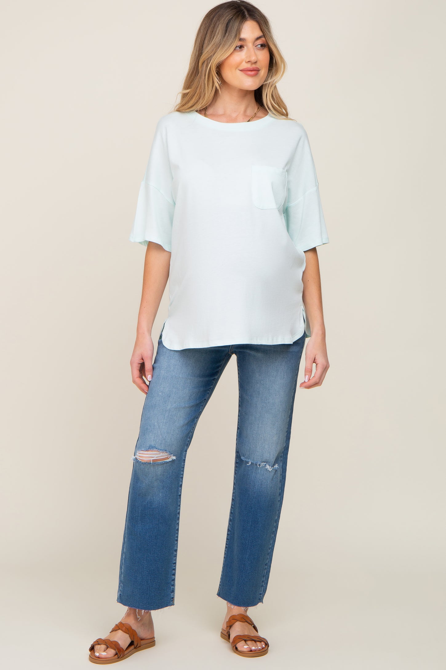 Mint Short Sleeve Pocketed Maternity Top