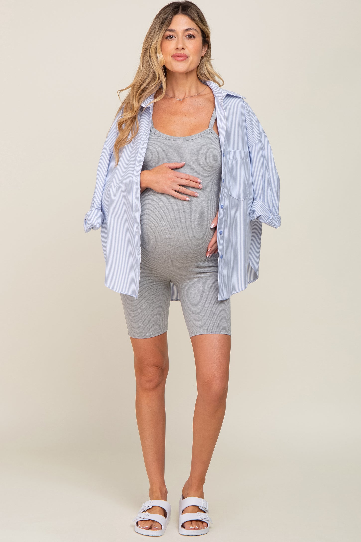 Heather Grey Rib Knit Sleeveless Maternity Romper– PinkBlush