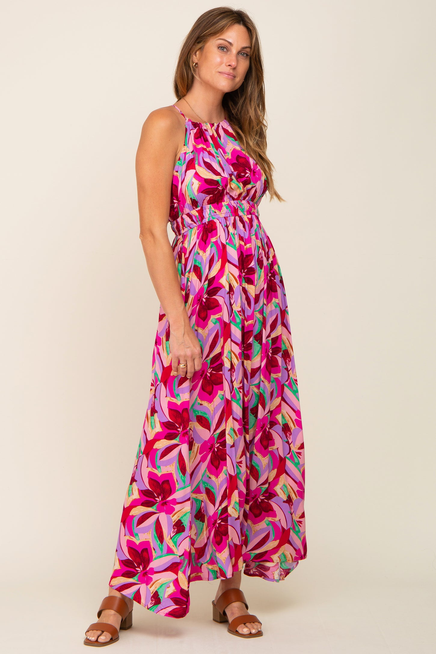 Magenta Floral Halter Shirred Maxi Dress PinkBlush Magenta Floral Halter Shirred Maxi Dress PinkBlush