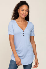 Light Blue Ribbed Short Sleeve Button Detail Maternity Top