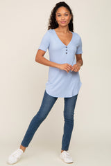 Light Blue Ribbed Short Sleeve Button Detail Top
