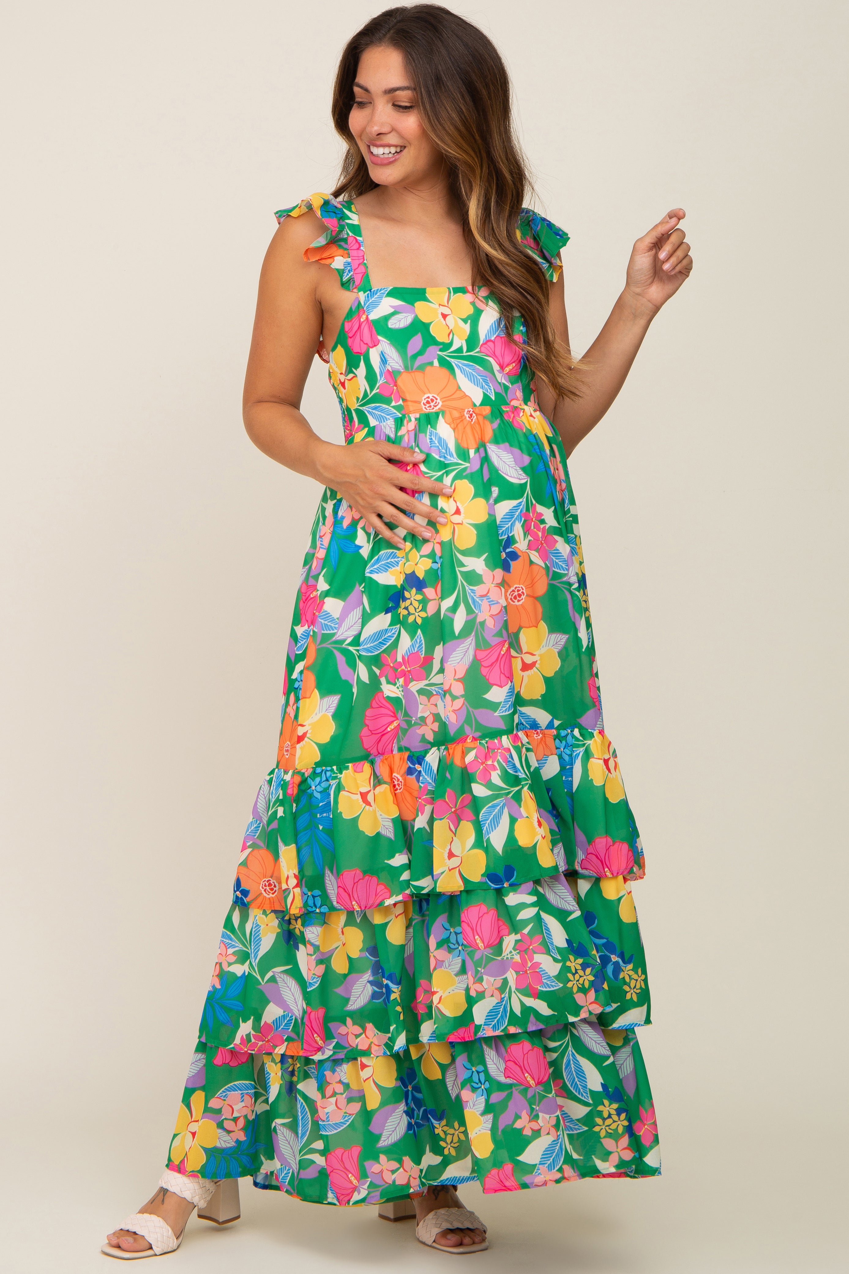 Green Floral Chiffon Square Neck Ruffle Maternity Maxi Dress PinkBlush Green Floral Chiffon Square Neck Ruffle Maternity Maxi Dress PinkBlush