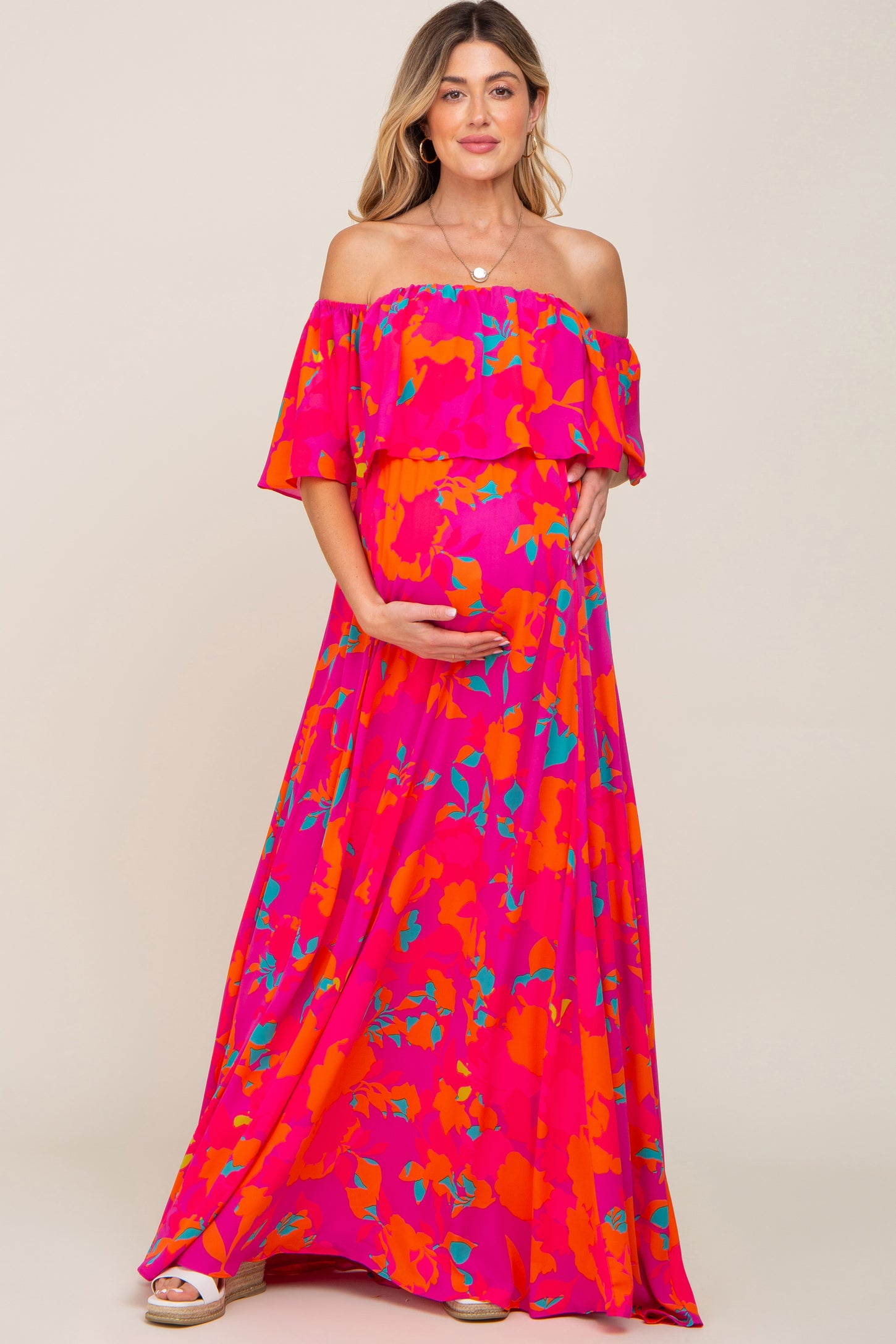 Fuchsia Floral Strapless Flounce Maternity Maxi Dress– PinkBlush