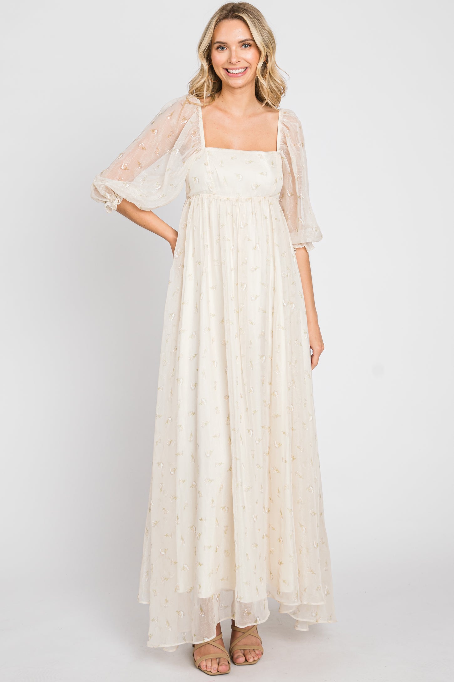 Cream Floral Square Neck Puff Sleeve Organza Maxi Dress PinkBlush Cream Floral Square Neck Puff Sleeve Organza Maxi Dress PinkBlush