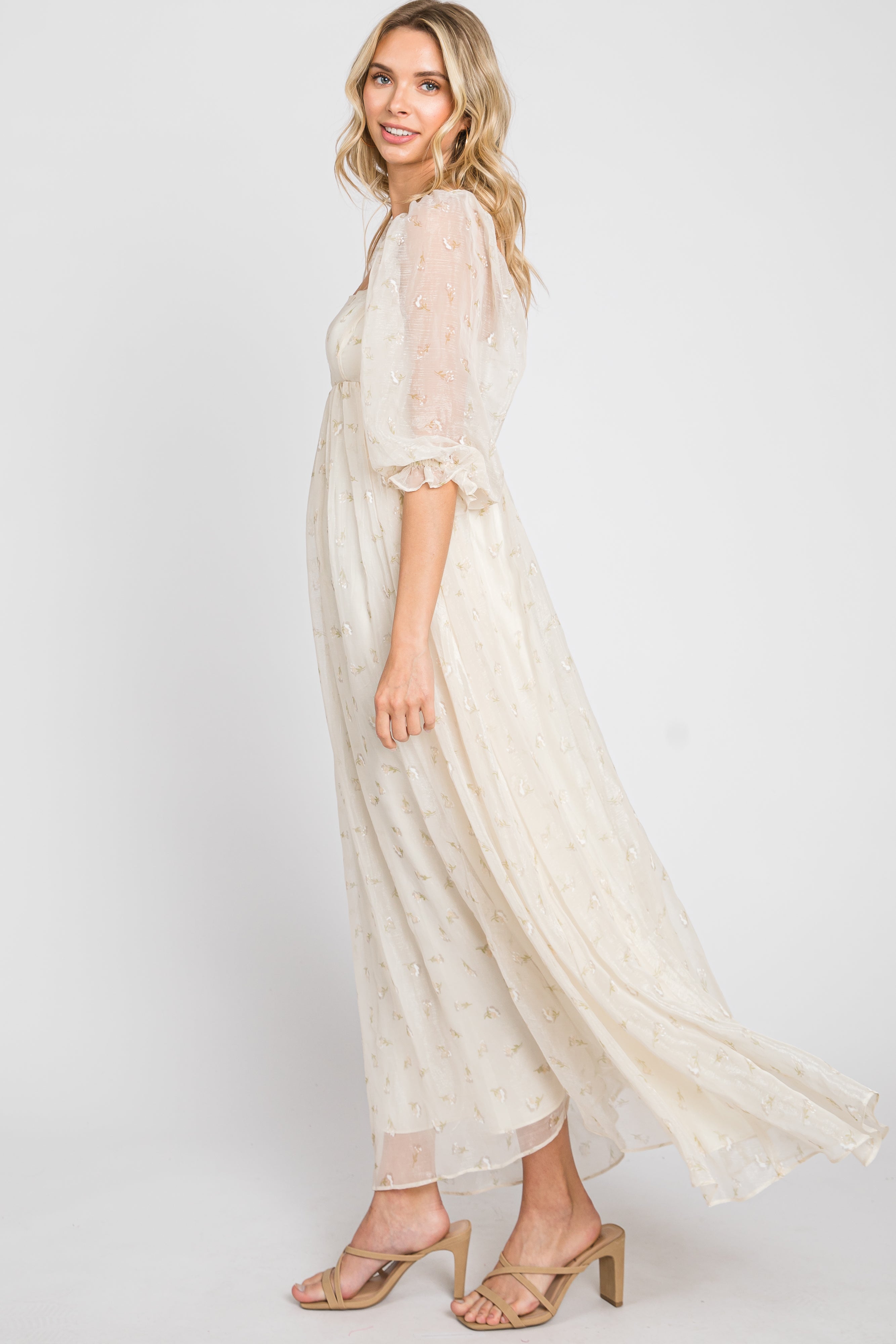 Cream Floral Square Neck Puff Sleeve Organza Maxi Dress – PinkBlush