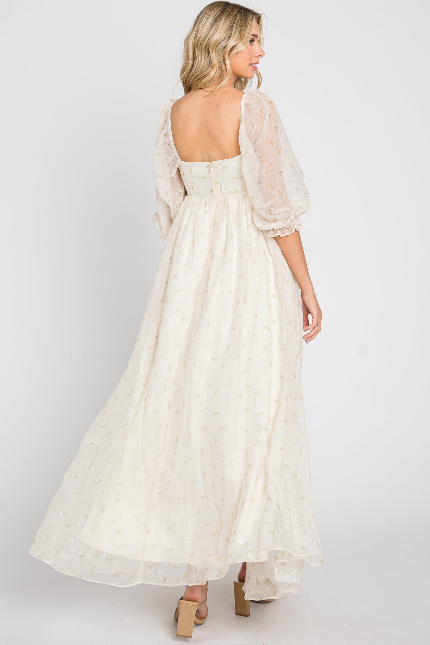 Cream Floral Square Neck Puff Sleeve Organza Maxi Dress PinkBlush Cream Floral Square Neck Puff Sleeve Organza Maxi Dress PinkBlush