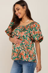 Green Floral Satin Smocked Accent Maternity Blouse