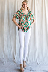 Green Floral Satin Smocked Accent Blouse