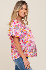 Beige Floral Satin Smocked Accent Maternity Blouse