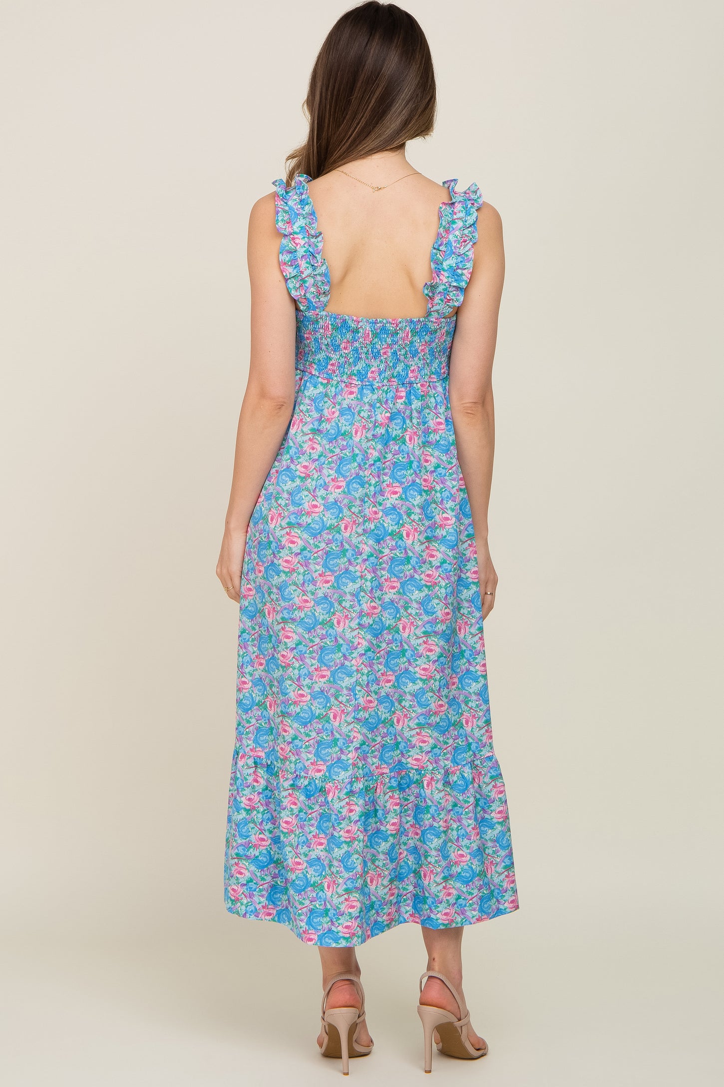 Light Blue Floral Square Neck Ruffle Strap Maternity Maxi Dress– PinkBlush