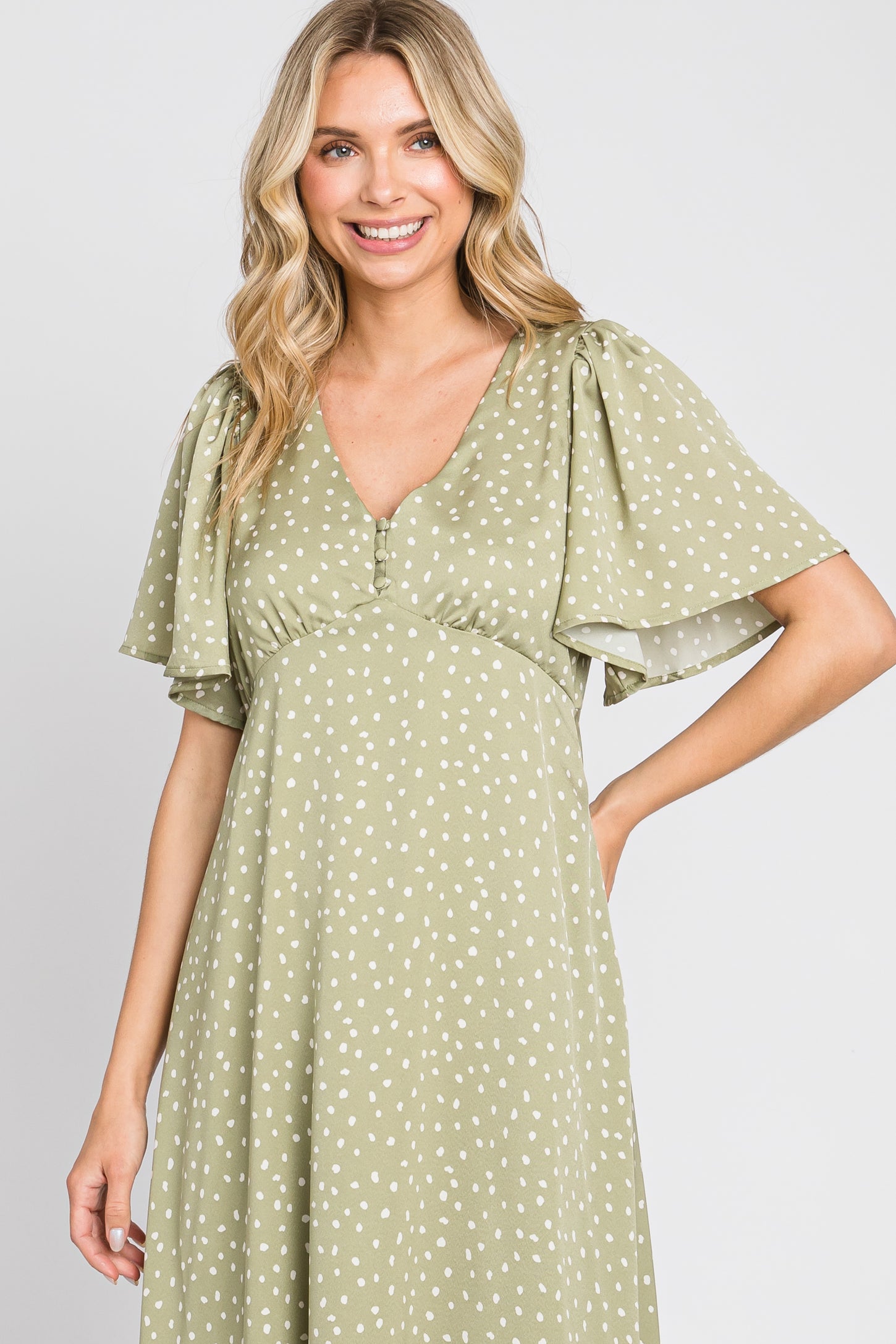 Sage Speckled Button Front Midi Dress