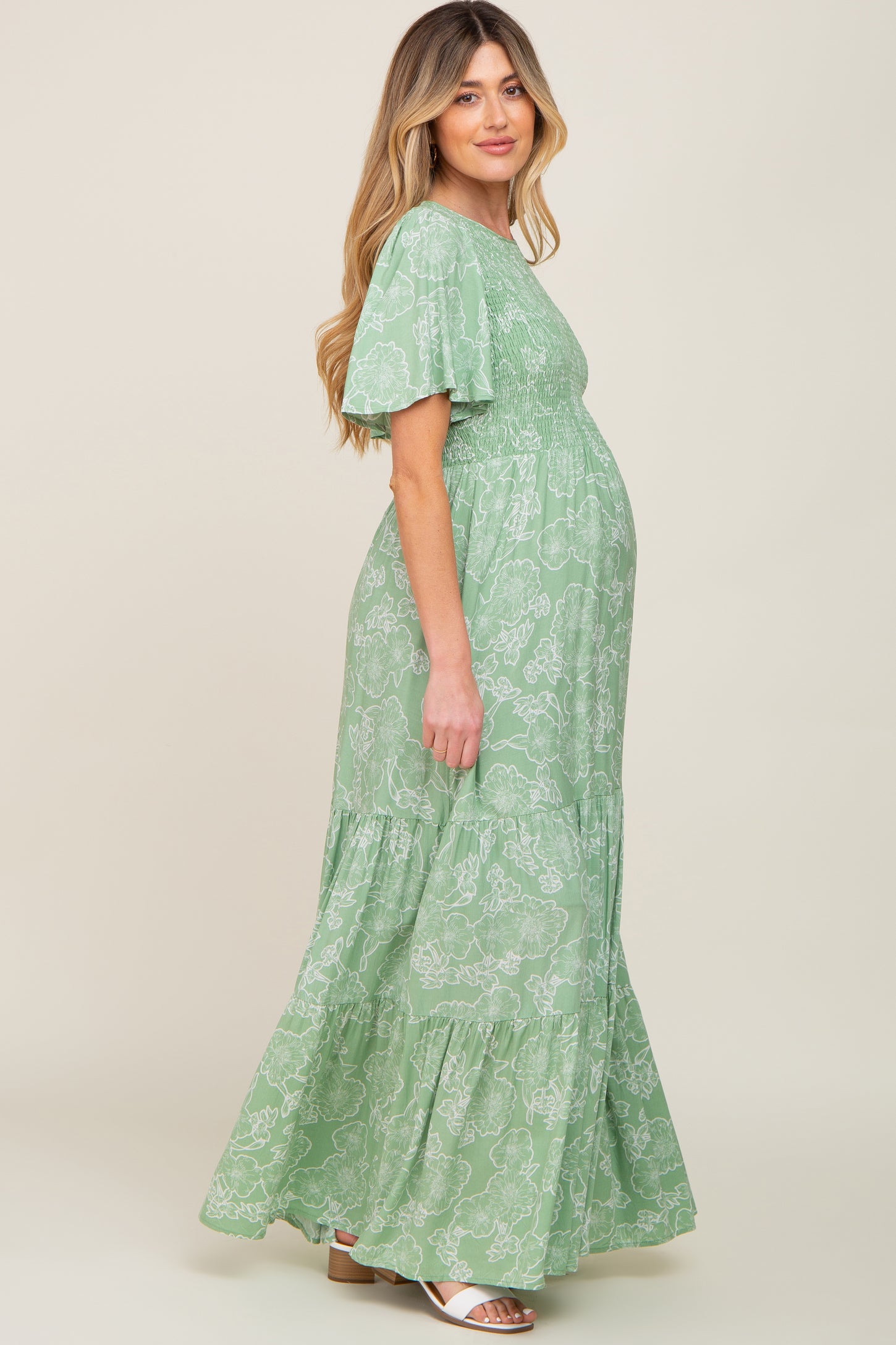 Light Green Floral Flounce Sleeve Maternity Maxi Dress