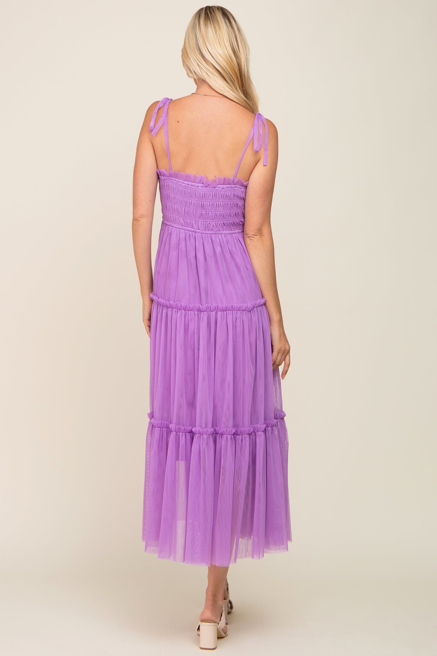 Lavender Smocked Mesh Midi Dress