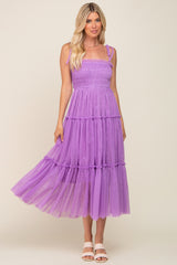 Lavender Smocked Mesh Midi Dress