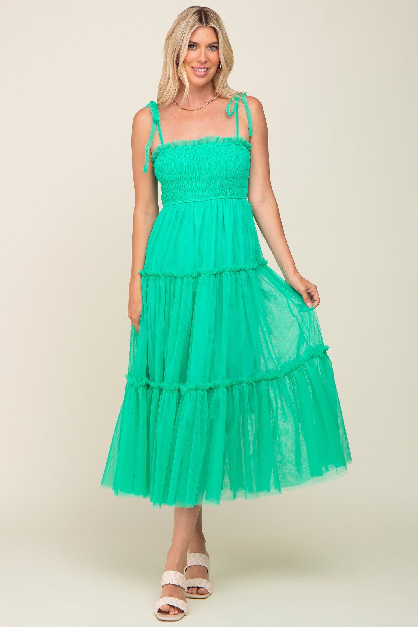 Mint Green Smocked Mesh Midi Dress