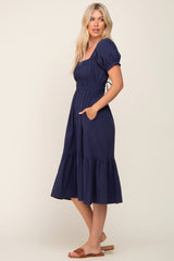 Navy Puff Sleeve Ruffle Hem Midi Dress
