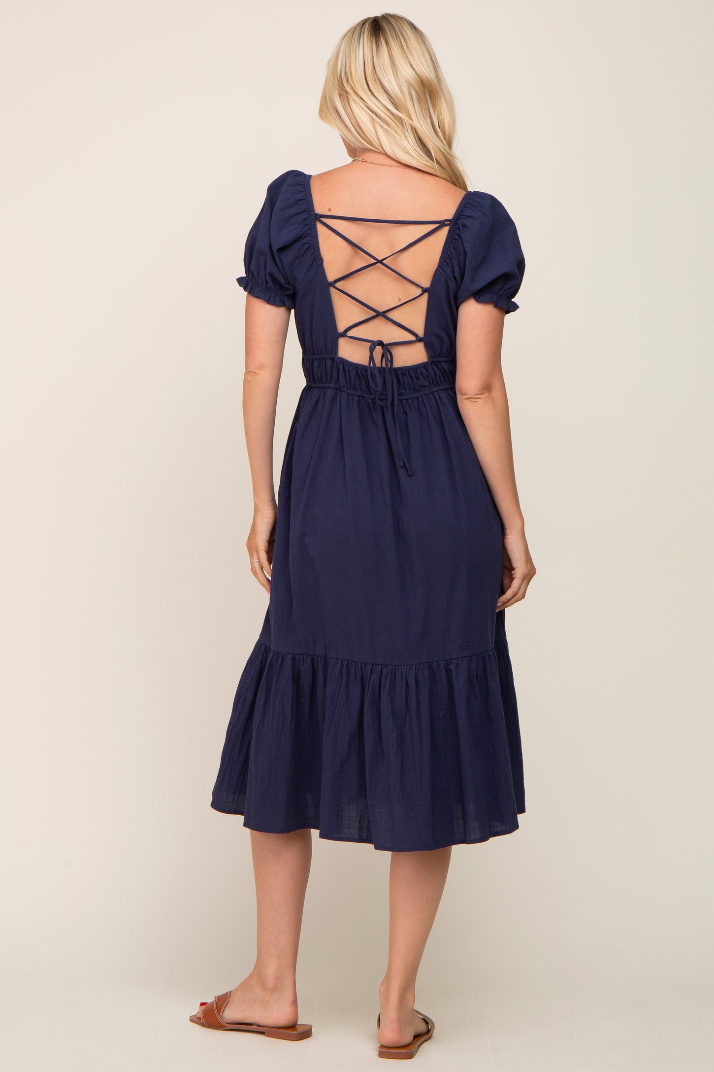 Navy Puff Sleeve Ruffle Hem Midi Dress