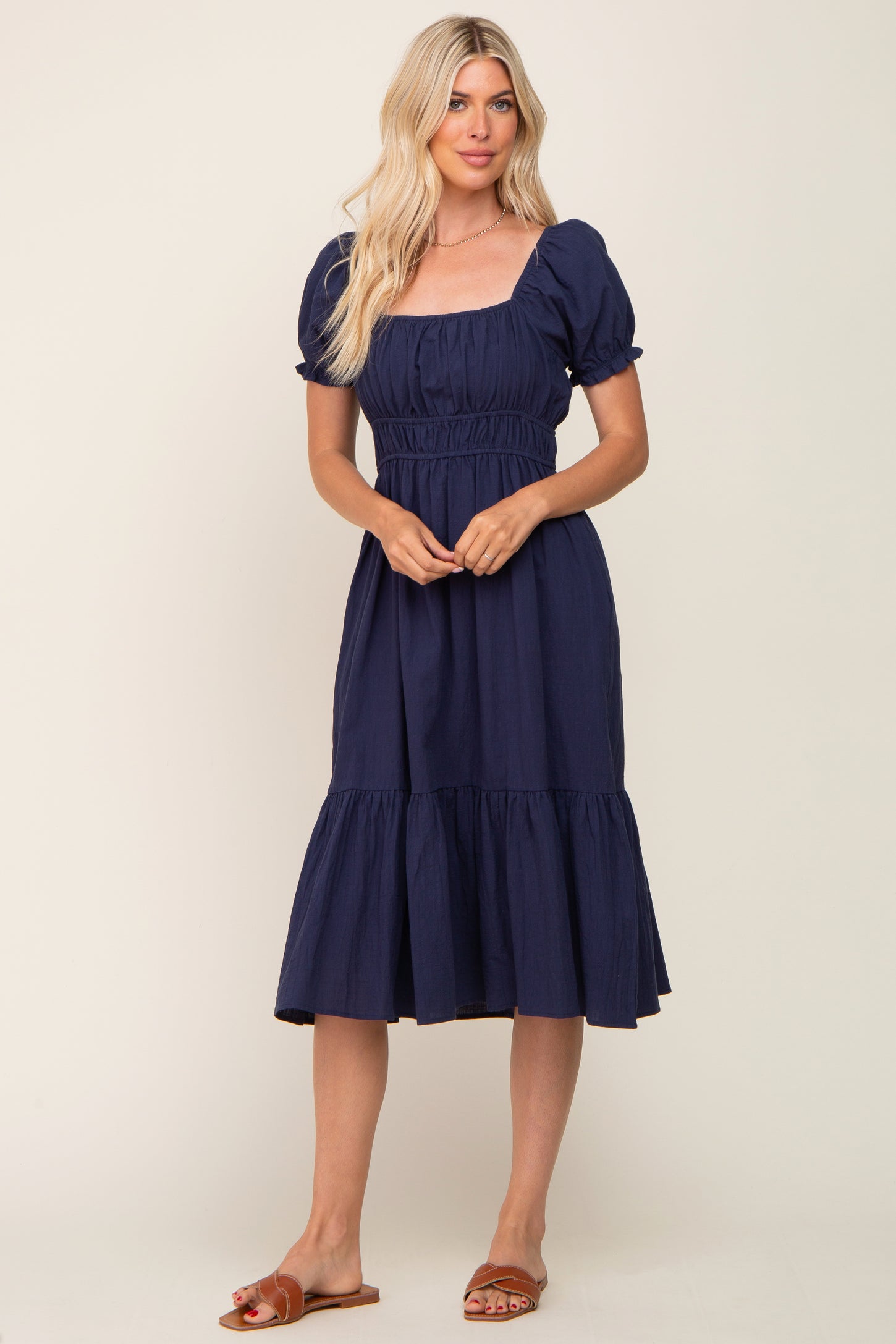 Navy Puff Sleeve Ruffle Hem Midi Dress