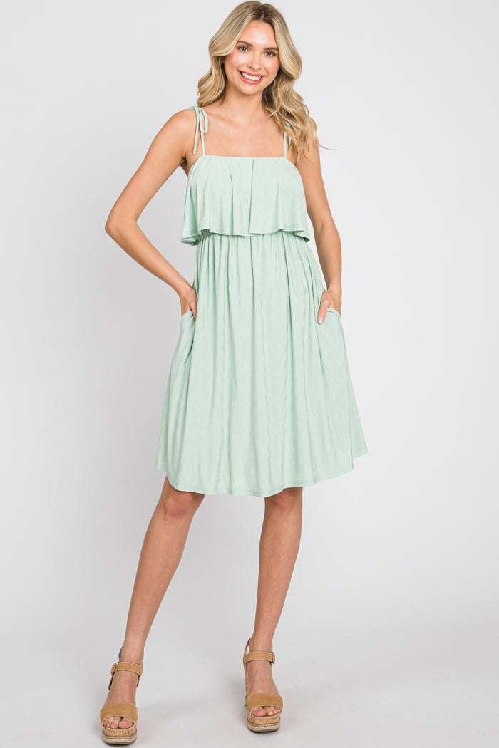 Light Olive Ruffle Overlay Shoulder Tie Dress