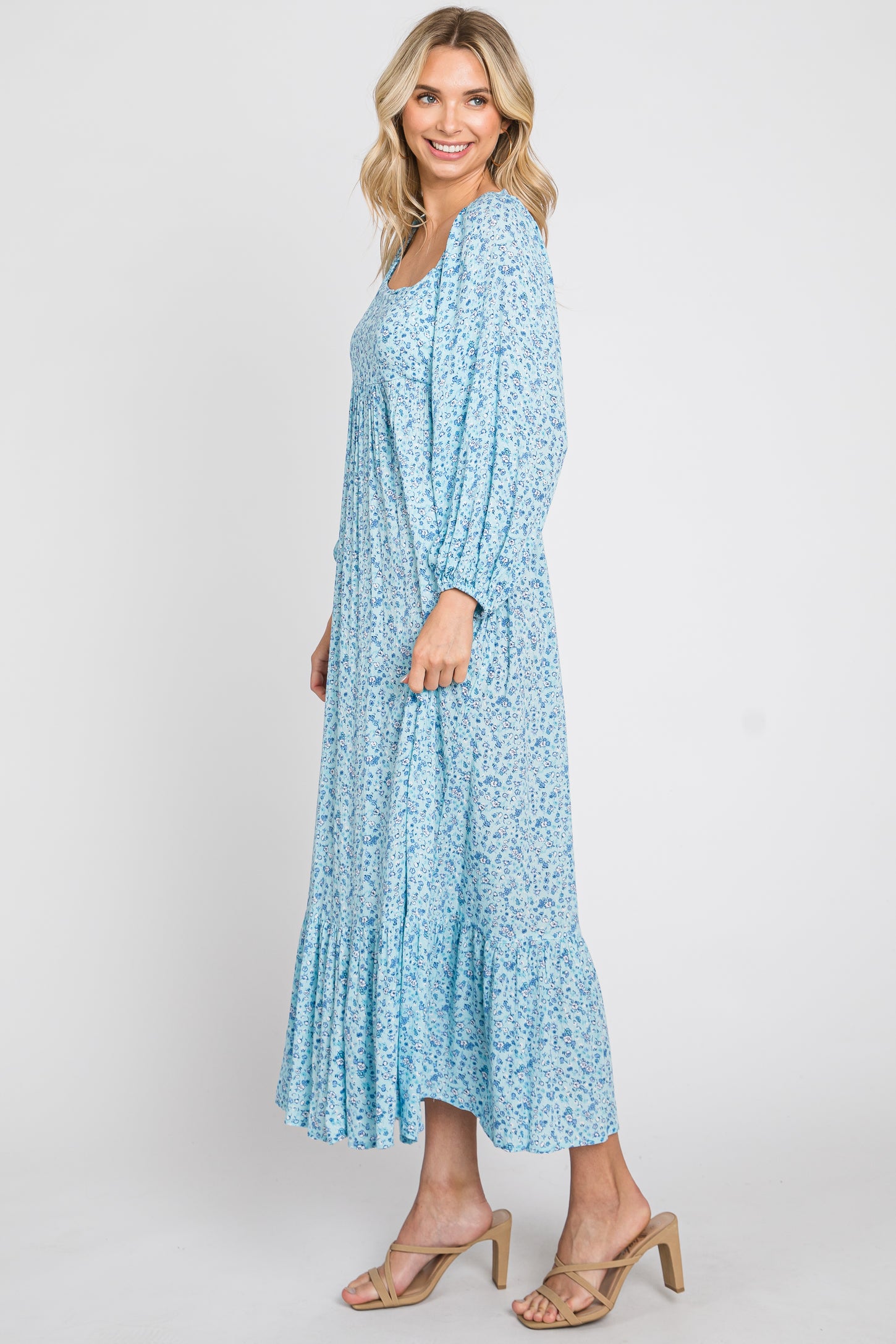 Blue Floral Square Neck 3/4 Sleeve Midi Dress