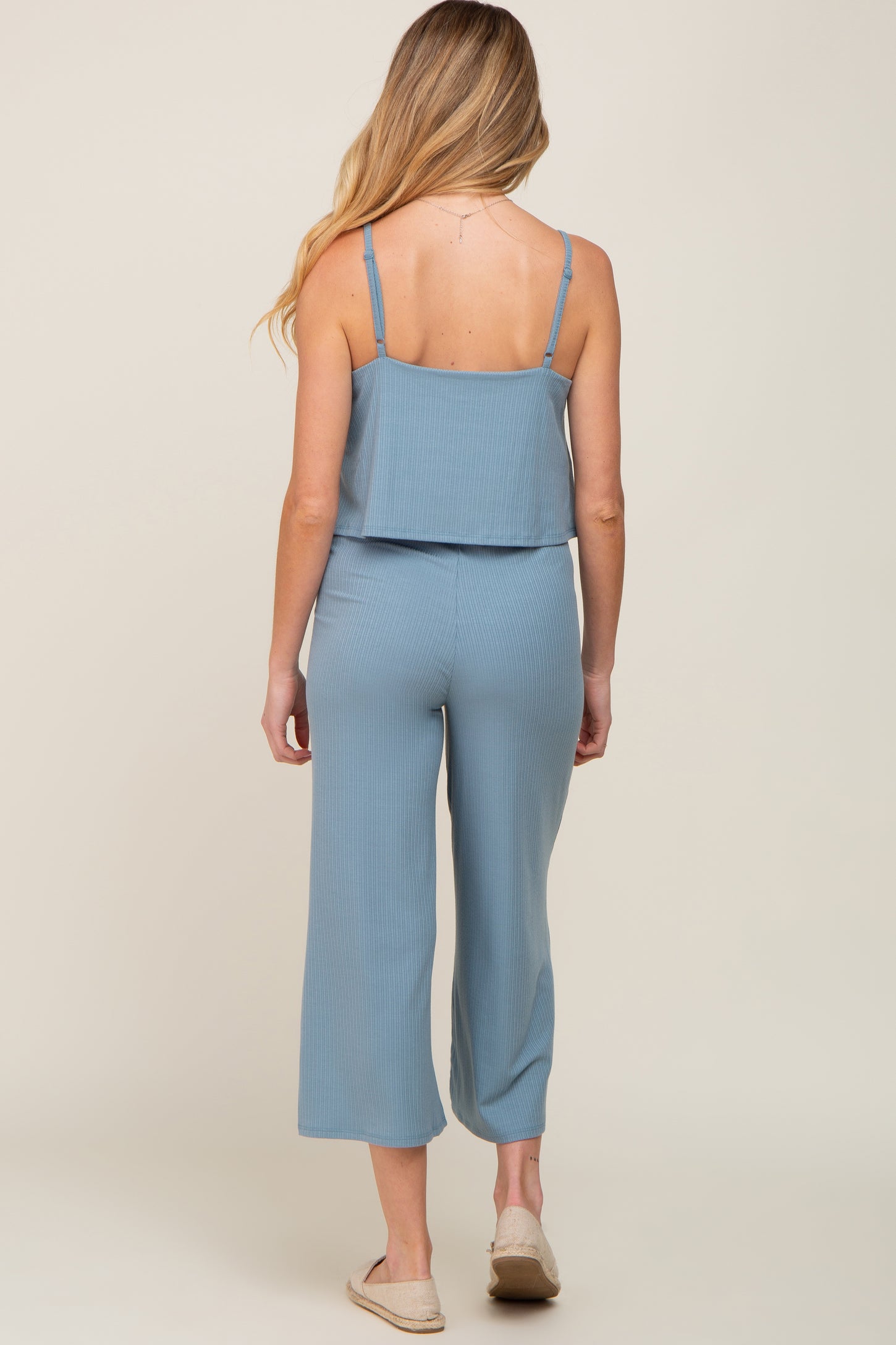 Blue Ribbed Double Layer Cropped Maternity Jumpsuit– PinkBlush