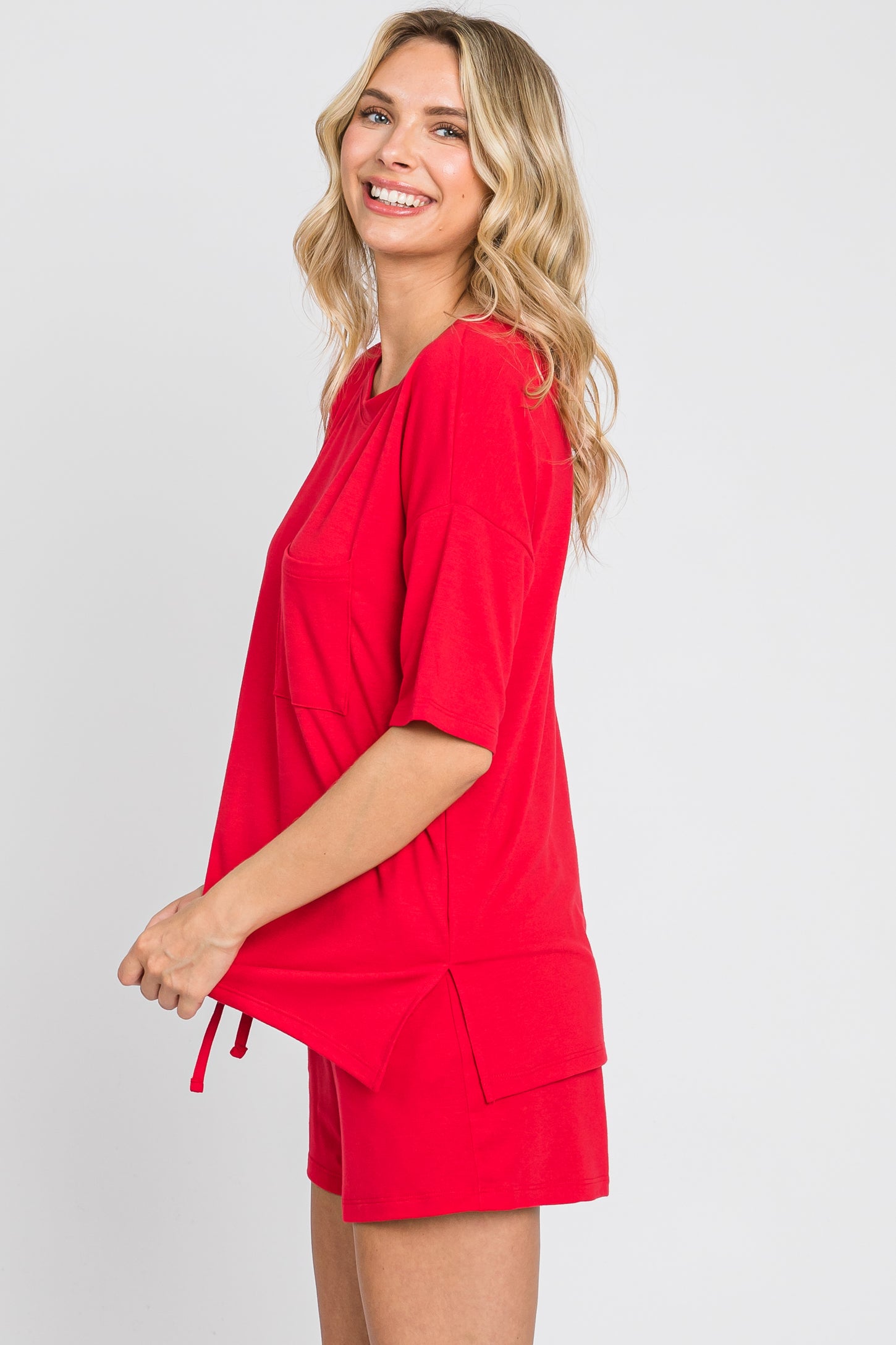 Red Pocket Front Pajama Short Set PinkBlush