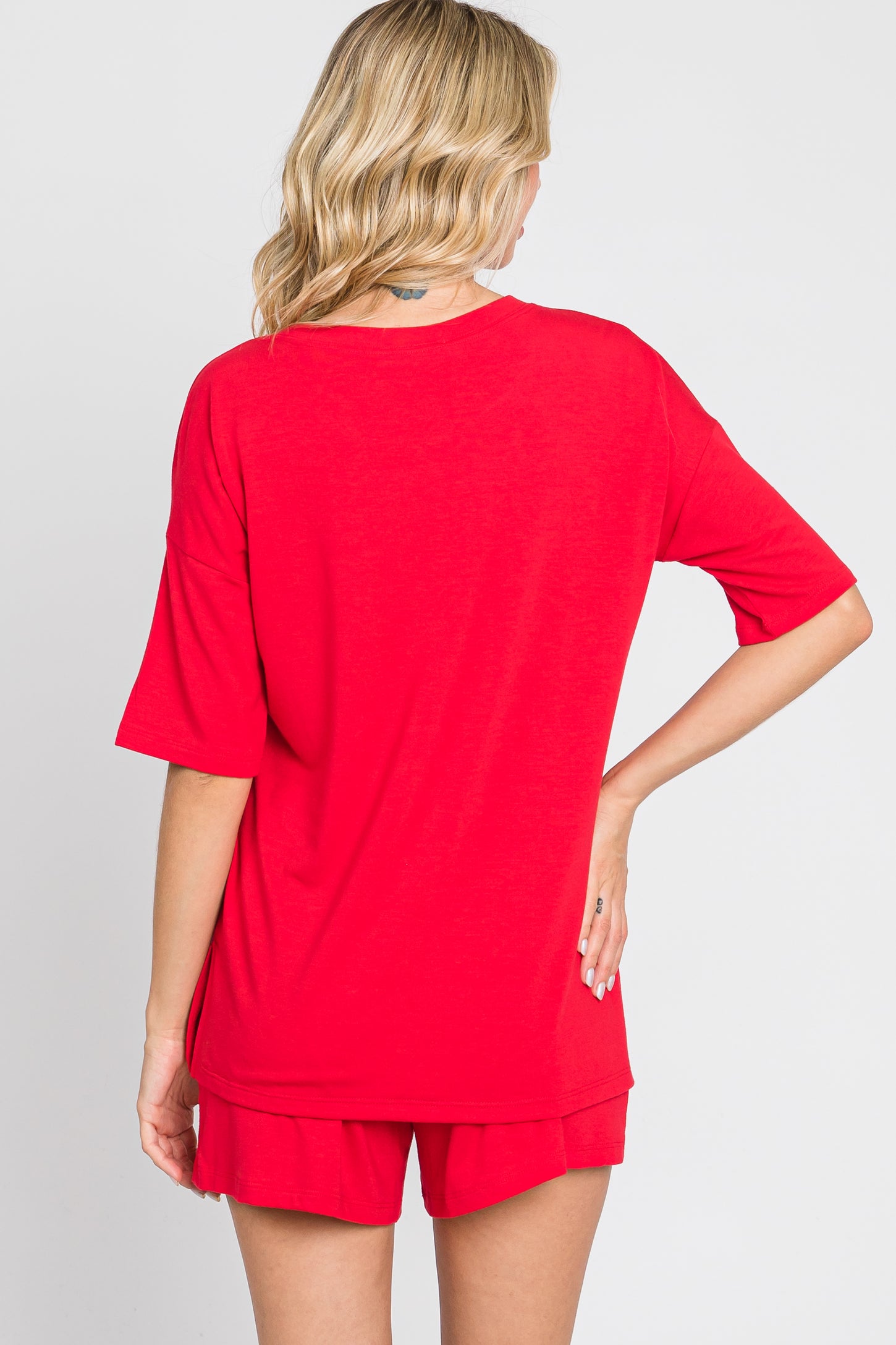 Red Pocket Front Pajama Short Set PinkBlush