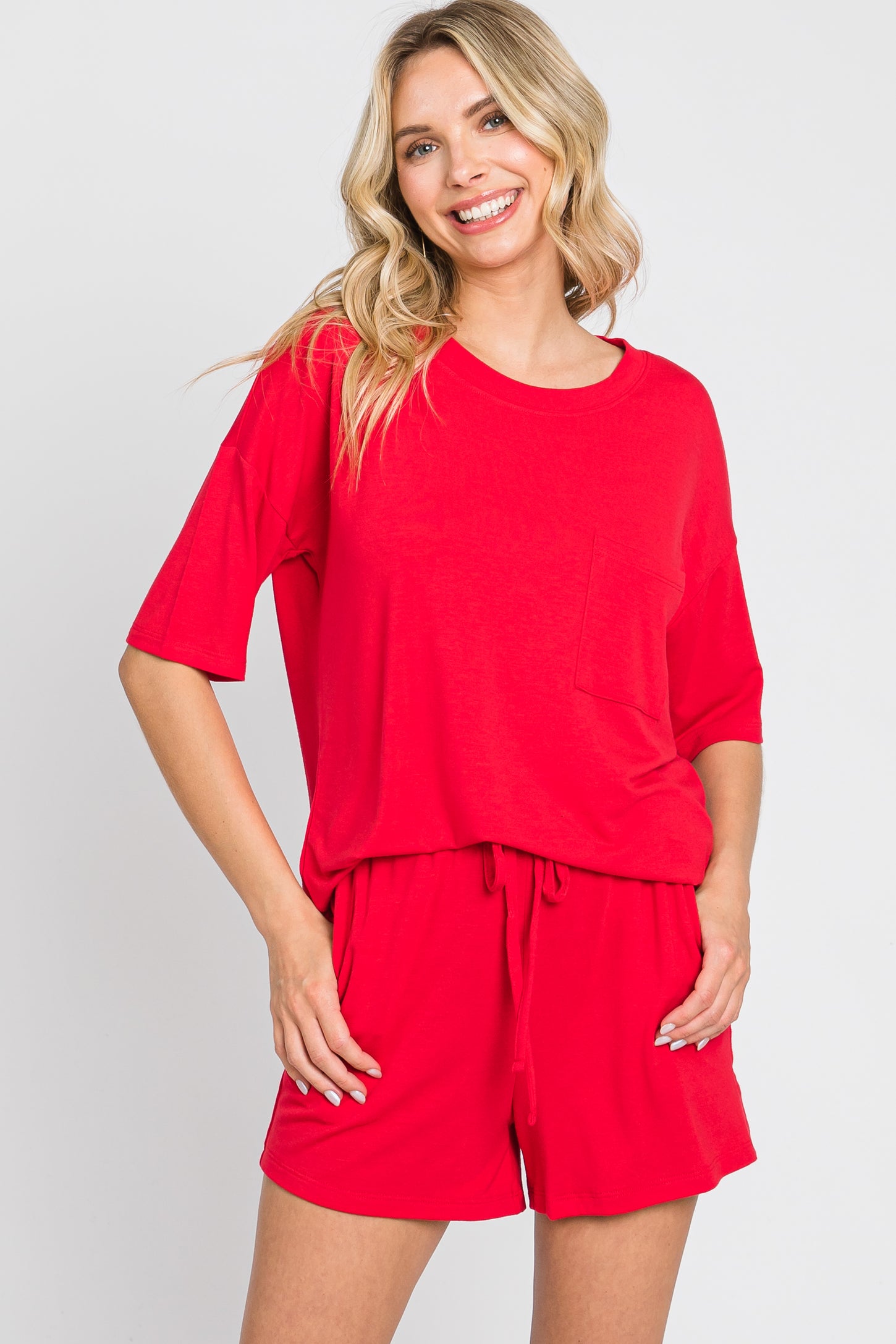 Red Pocket Front Pajama Short Set PinkBlush