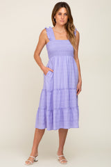 Lavender Smocked Square Neck Ruffle Strap Tiered Maternity Midi Dress