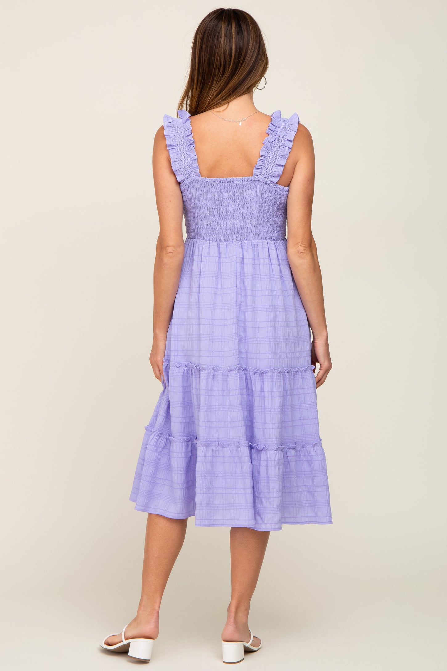 Square Ruffles Lavender Smocked Square Neck Ruffle Strap Tiered Midi Dress – PinkBlush