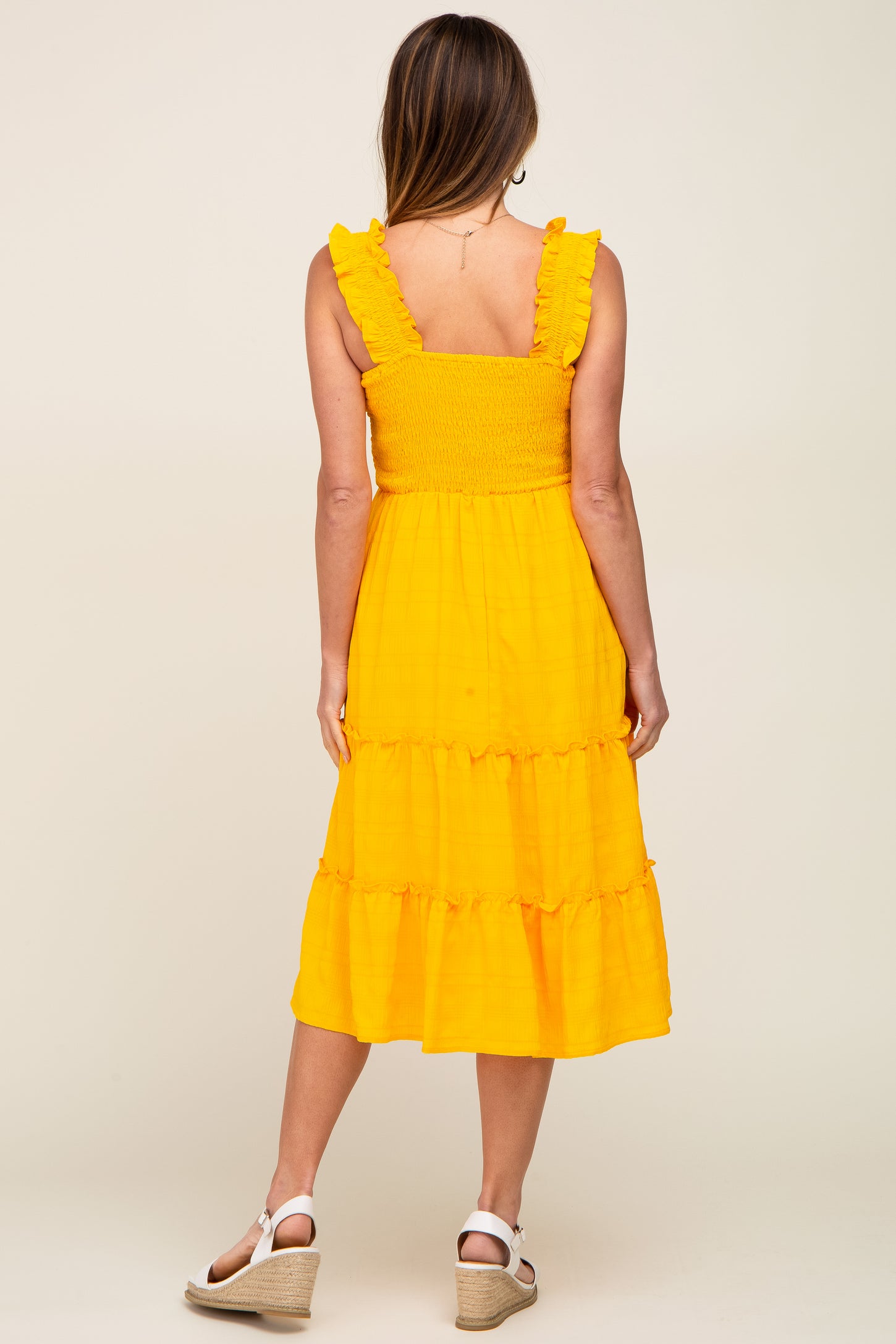 Yellow Smocked Square Neck Ruffle Strap Tiered Midi Dress