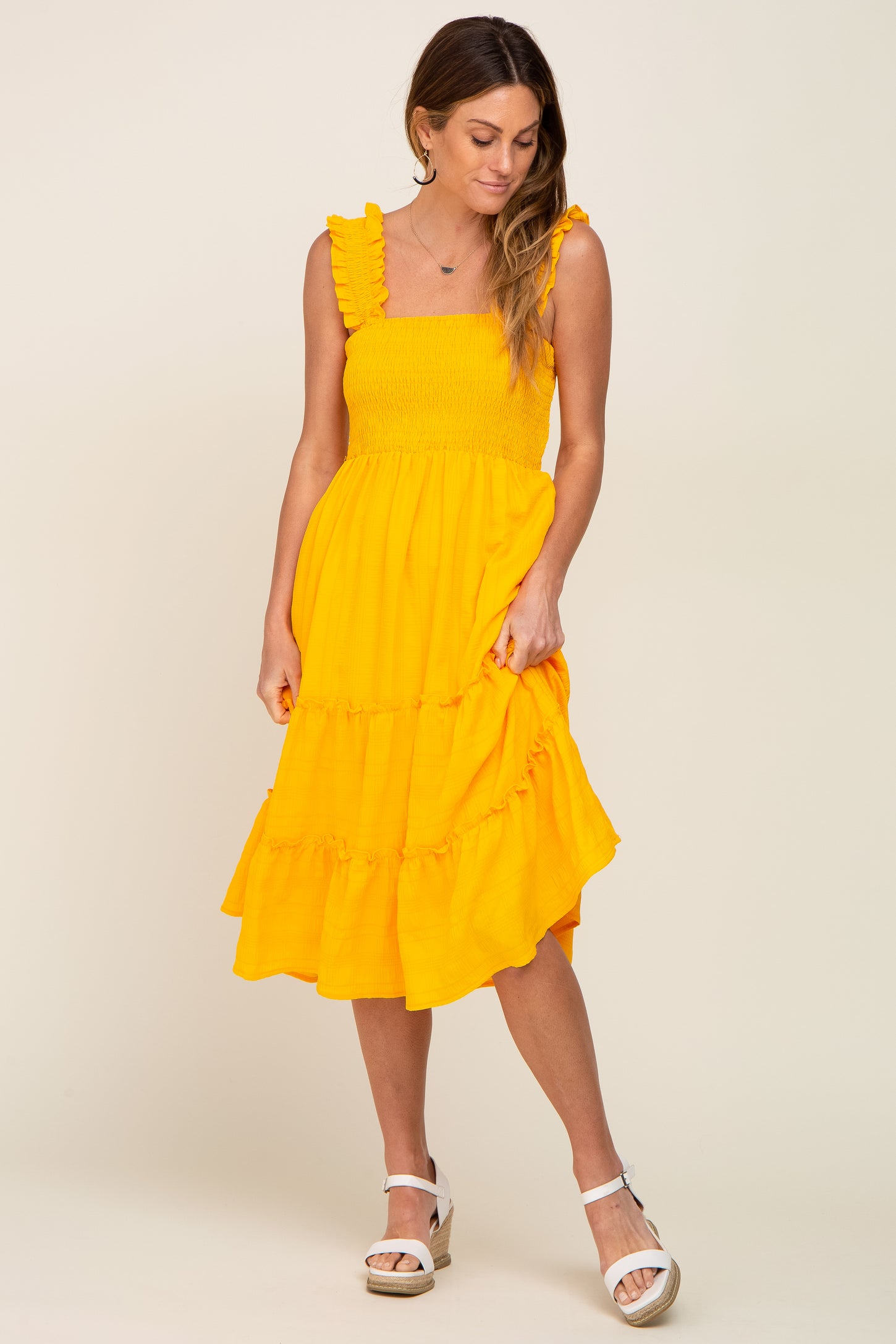 yellow tiered midi dress Yellow Tiered Sleeveless Midi Dress Gabi Swimwear