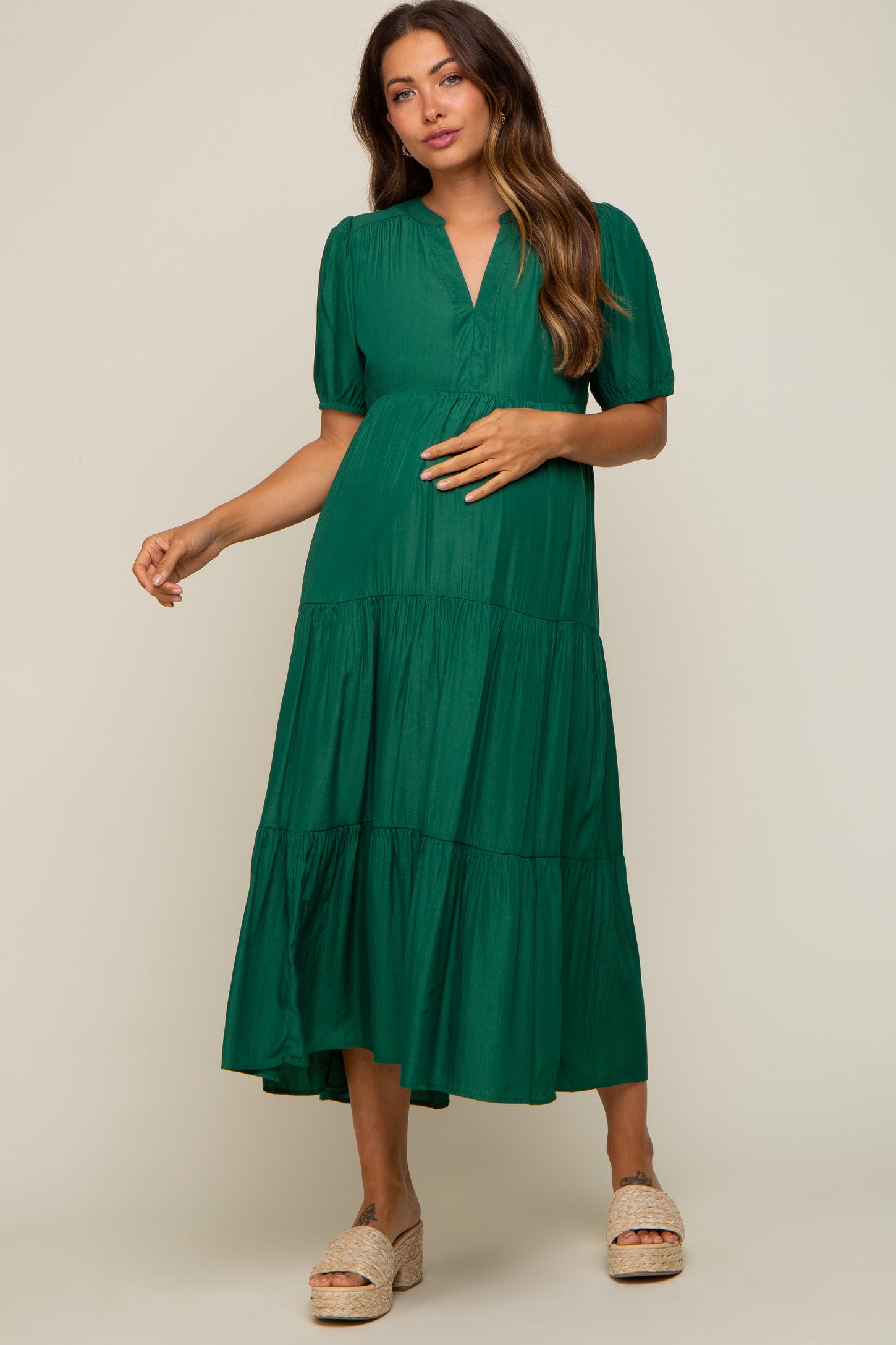 Green Tiered V-Neck Maternity Midi Dress PinkBlush Green Tiered V-Neck Maternity Midi Dress PinkBlush