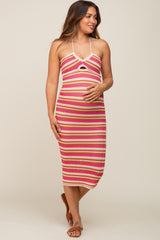 Fuchsia Striped Knit Halter Neck Maternity Midi Dress