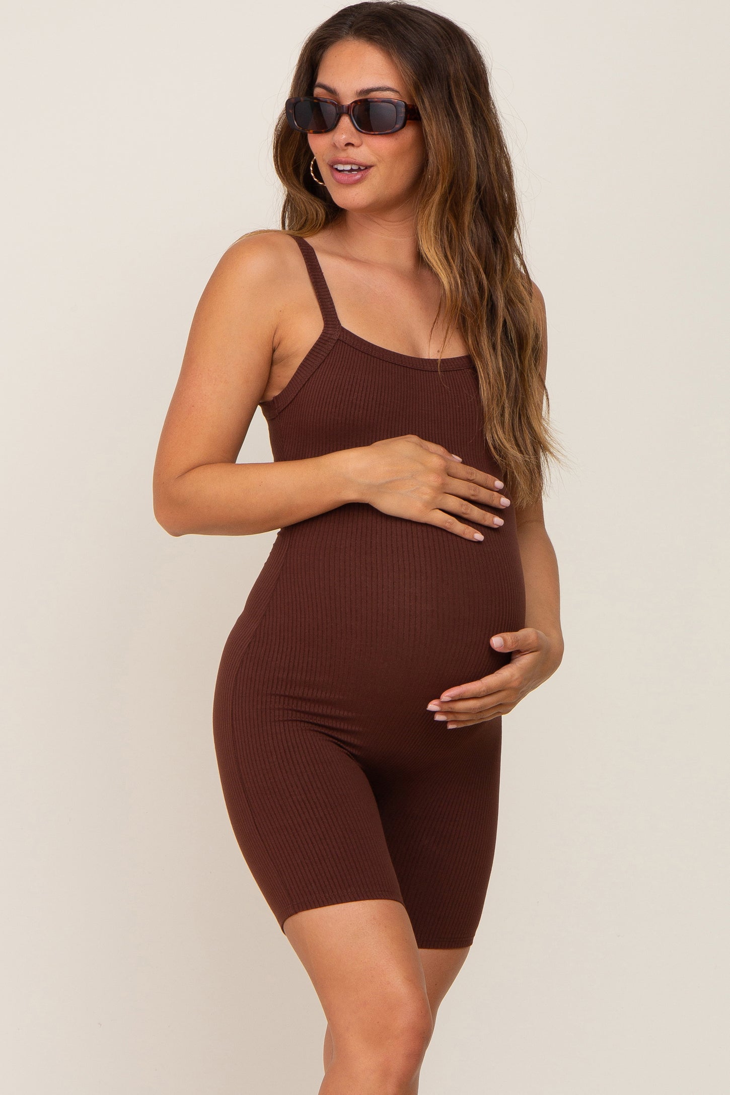 Brown Ribbed Bodycon Maternity Romper PinkBlush